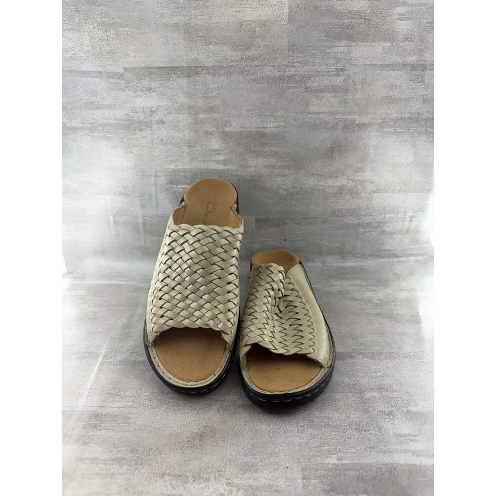 Clarks Sunbeat 81975 Women Sz 8M Cream Woven Leather Slide Wedge Sandals Ivory